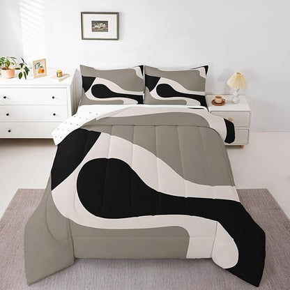 Erosebridal Black Beige Striped Comforter Set Full Size,Boho Modern Geometric Abstract Bedding for Women Men Adults, Stripes Bold Lines Quilt,Minimalist Stylish Art Bedding Comforter Sets