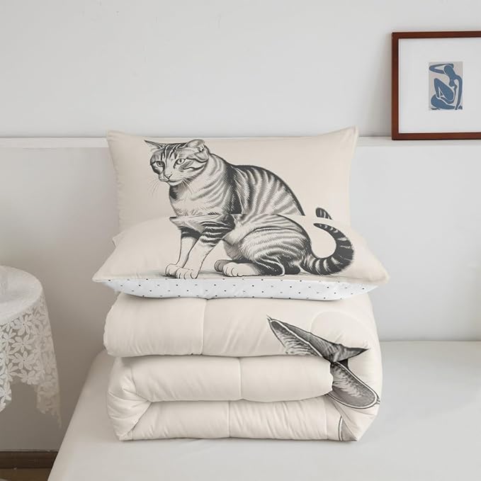 Erosebridal Kawaii Kitten Quilt Insert Twin Size 3D Cute Bedding Set for Kids Boys Girls Sketch Animal Beige Cat Comforter Warm Soft Comforter Set