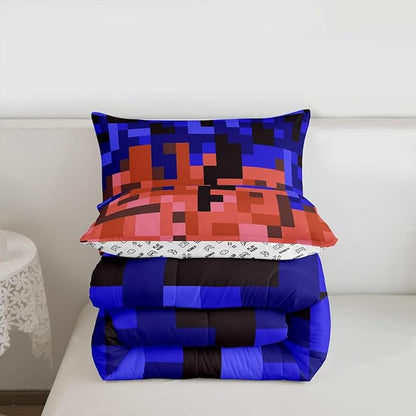 Pixelated Blocks Miners Comforter Set King Size,Video Games Game Gamepad Kids Bedding Set,Geometric Grid Patchwork Quilt Comforter,Blue Red Duvet Insert,2 Pillowcases