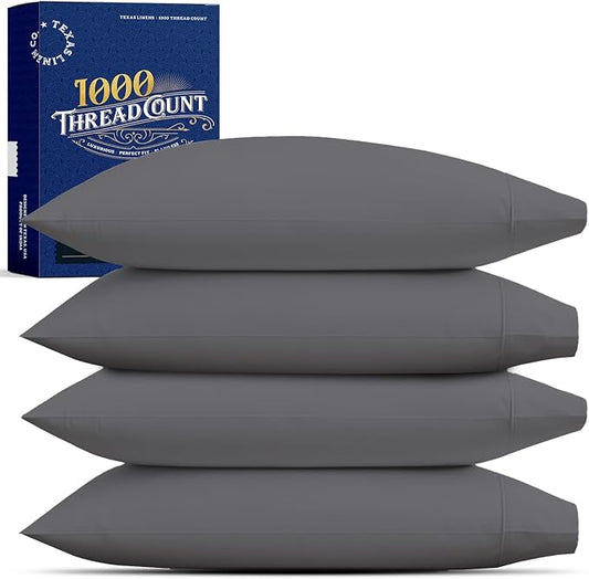 TEXAS LINEN CO. Premium Egyptian Cotton Pillow Cases Standard/Queen Size Set of 4 - Luxury High Thread Count Cotton Pillow Case (2 Pair, Dark Grey), Silky Soft, Cooling Extra Long Staple Pillowcases