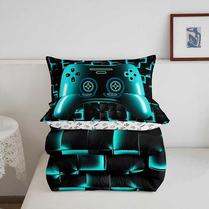 Erosebridal Boys Gaming Queen Size Bedding Set for Kids Gamer Comforter Sets for Teen Boys Game Controller Bedroom Decor,Neon Teal Glowing Geometric Grid Bedding,Black Abstract Check Square Comforter