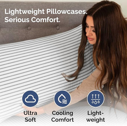 Body Pillowcases Set of 4-20x54 Long Body Pillow Case - Soft Body Pillow Cover for Sleeping & Side Sleepers - Comfy, Breathable & Fade Free - Machine Washable w/Envelope Enclosure - (Grey Stripes)