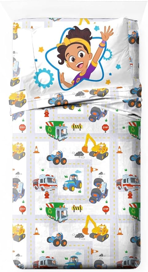 Jay Franco Kids Sheet Cartoon Set with Fitted, Flat Sheets & Pillow Cover - Ultra-Soft Bedding with Pillowcase for Room Decor, White - Blippi, 3 Piece Twin