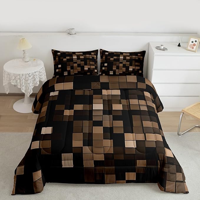 Pixel Grid Miners Comforter Set Full Size,Video Games Plaid Lattice Kids Bedding Set,Geometric Modern Check Quilt Comforter,Brown Duvet Insert,2 Pillowcases