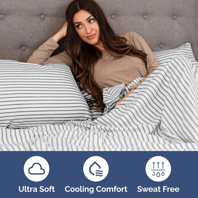 Full XL Bed Sheet - 4 Piece Full XL Bed Sheets Set - Soft, Breathable & Cooling - Hotel Luxury Bedding for Women, Men, Kids, Teens, Boys & Girls - Deep Pockets, Fade and Wrinkle Free - Grey Stripes