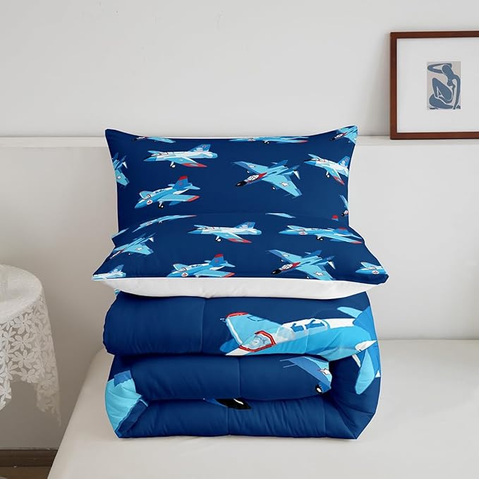 Castle Fairy Kids Aircraft Comforter Set for Kids,Cartoon Transportation Vehicles Bedding Sets Teens Cute Room Decor,Boys Airplane Navy Blue Duvet Set Quilt Set Twin 1 Comforter with 1 Pillow Case