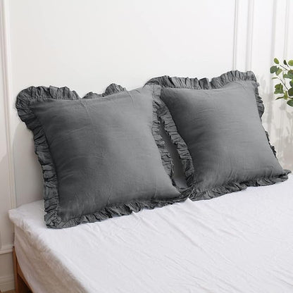 Simple&Opulence 100% Linen Euro Sham Covers with Ruffle, 26x26 Inch Pillow Covers Set of 2, Euro Pillow Shams for Bed Couch French Home Decor Luxury and Breathable Square Pillow Cases, Dark Grey