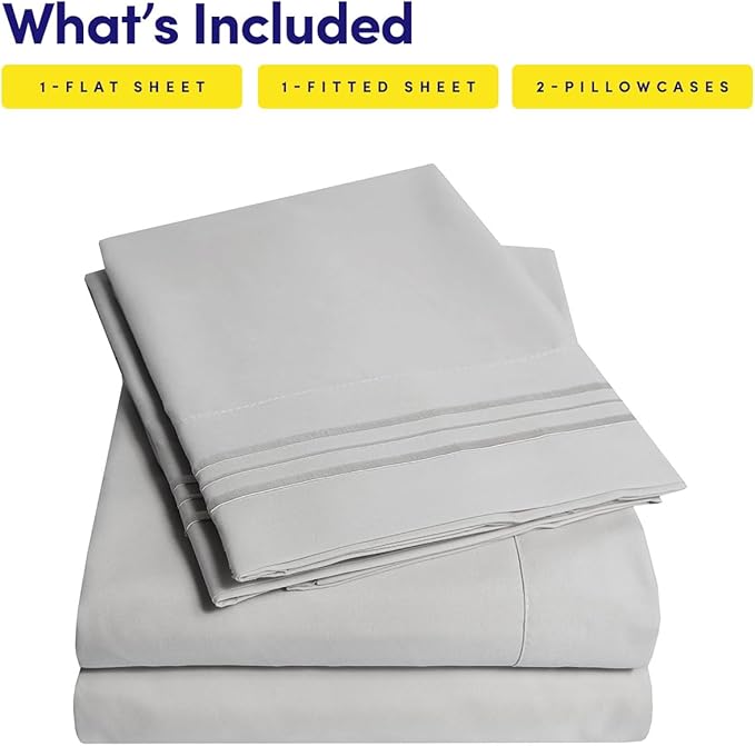 1500 Supreme Collection Twin Sheet Sets Light Gray Silver - 3 Piece Bed Sheets and Pillowcase Set for Twin Mattress - Extra Soft, Elastic Corner Straps, Deep Pocket Sheets, Twin Light Gray Silver