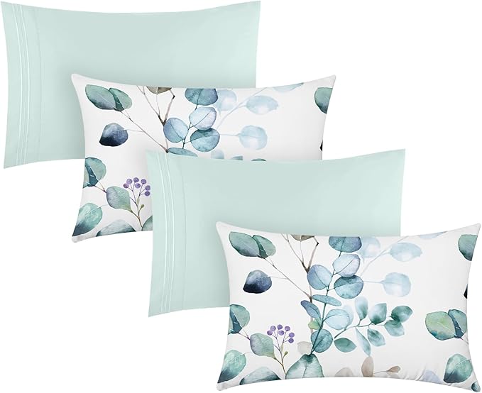 YIYEA Pillow Cases Queen Size Set of 4, Ultra Soft 1800TC Hotel Quality Double Brushed Microfiber Embroidered Pillowcases and Floral Pillow Covers, Envelope Closure, Fade Resistant (20"x30")