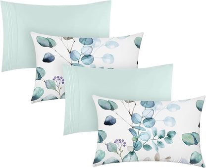 YIYEA Pillow Cases Queen Size Set of 4, Ultra Soft 1800TC Hotel Quality Double Brushed Microfiber Embroidered Pillowcases and Floral Pillow Covers, Envelope Closure, Fade Resistant (20"x30")