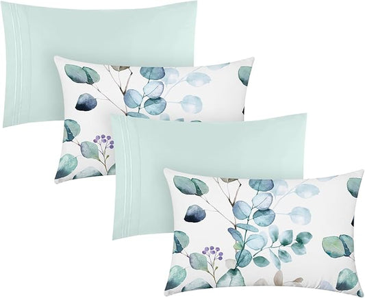 YIYEA Pillow Cases Queen Size Set of 4, Ultra Soft 1800TC Hotel Quality Double Brushed Microfiber Embroidered Pillowcases and Floral Pillow Covers, Envelope Closure, Fade Resistant (20"x30")