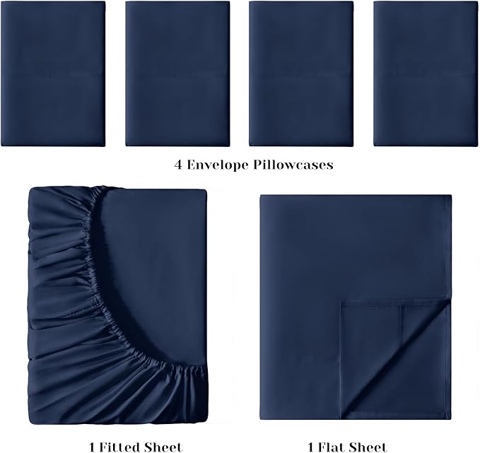 BYSURE 6 Pieces Bed Sheets Set(Queen, Blue Navy) - Hotel Luxury Super Soft 1800 Thread Count 100% Microfiber Sheets with Deep Pockets, Wrinkle & Fade Resistant