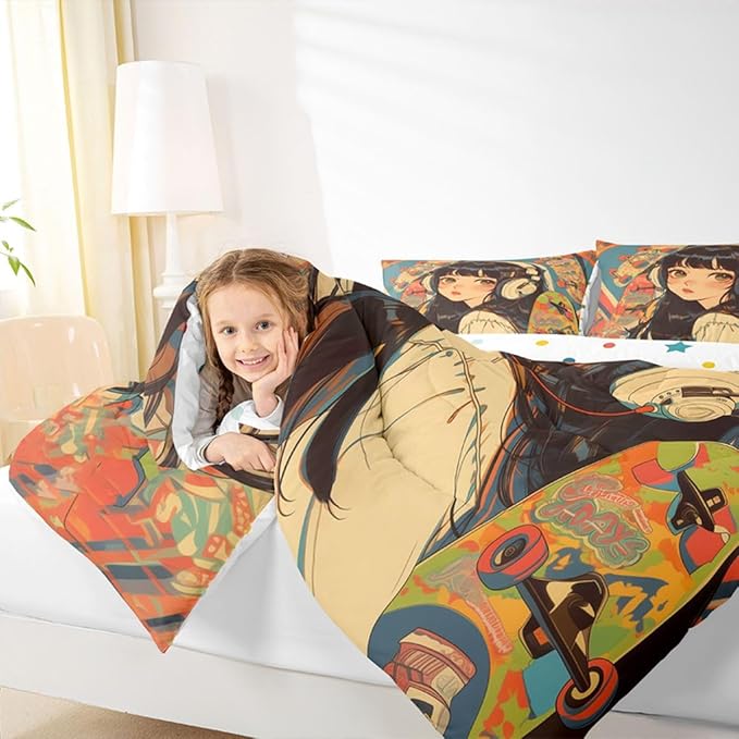 Erosebridal Fashion Girls Comforter Set Full Size for Cool Girl with Hip-Hop Headphone Bedding, Street Culture Graffiti Art Bed Comforter Set for Girls Women Modern 3D Cartoon Down Comforter