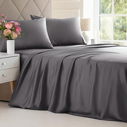 100% Rayon Derived From Bamboo - Bamboo Sheets Queen Size - Cooling Sheets for Queen - Soft, Breathable & Hotel Luxury Bedding - 1 Flat & 1 Fitted & 2 Pillowcases w/ 16 Inch Deep Pockets - Dark Grey