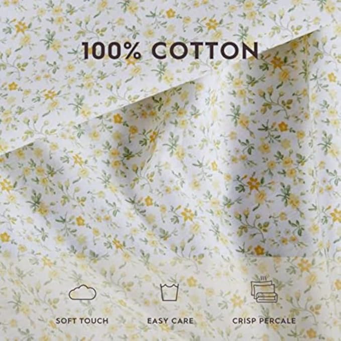 Laura Ashley - Standard Pillowcase Set, Breathable Percale Cotton Bedding, Crisp & Cool Home Decor (Evie Yellow, 2 Piece)