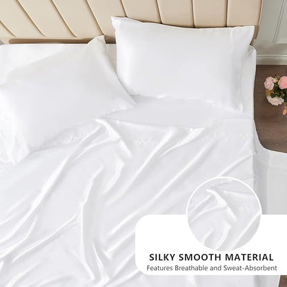 CozyLux Satin Sheets Queen Size Bed Set - 4 Piece Silky Queen Sheet Set, Luxury White Queen Sheets with Smooth and Soft Microfiber, Includes 1 Fitted Sheet, 1 Flat Sheet and 2 Pillowcases