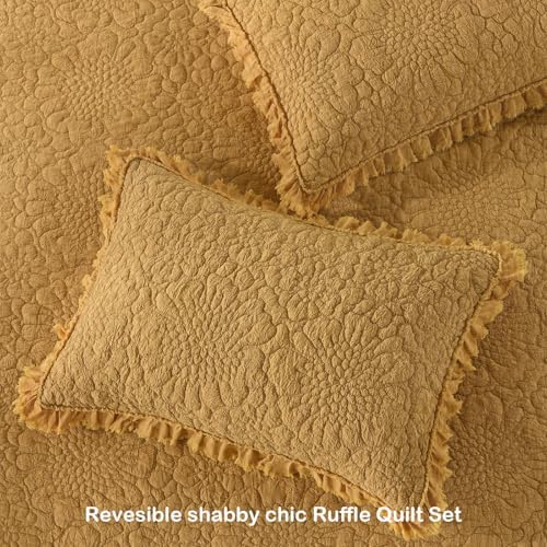 HORIMOTE HOME Yellow Ruffled Quilt Twin Size, Shabby Chic Floral Quilt Set Lightweight Crinkled Farmhouse Rustic Bedding Set, 2 Pieces Reversible Bedspread with 1 Pillow Sham for All Season