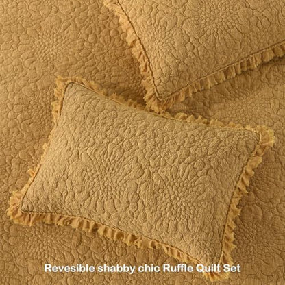 HORIMOTE HOME Yellow Ruffled Quilt Twin Size, Shabby Chic Floral Quilt Set Lightweight Crinkled Farmhouse Rustic Bedding Set, 2 Pieces Reversible Bedspread with 1 Pillow Sham for All Season