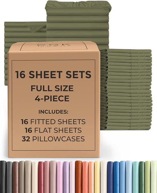 Bulk Case Pack of 16 Sheet Sets - (16) Complete Full Size Sheet Sets with Deep Pockets - Wholesale Bulk Bedding for Hotels, Spas & Airbnbs - Breathable, Cooling and Wrinkle Free - (Full, Sage Green)