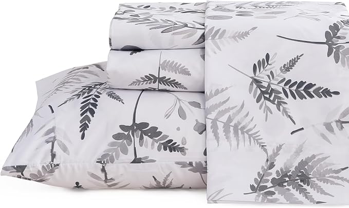 JSD Boho Floral Sheet Set Full Size, 4 Piece Grey Herbs Ferns Printed Microfiber Bed Sheets Deep Pocket