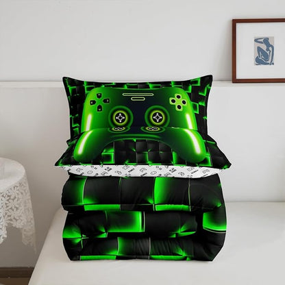 Erosebridal Full Size Game Console Comforter Set for Boys Girls Kids Gamer Bedding,3D Gaming Geometric Check Lightweight Soft Bedding Sets,Neon Green Gamepad Bed Comforter,Black
