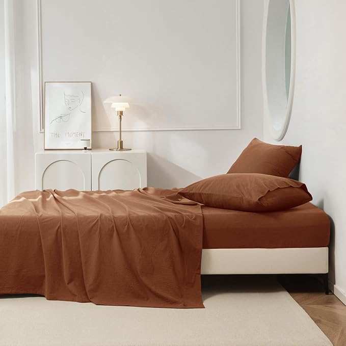 JIYUAN Full Size Sheet Set, 4-Piece - 100% Washed Cotton, Linen-Like Soft & Breathable, Includes Deep Pocket Fitted & Flat Sheet with 2 Pillowcases, Hotel Quality, Solid Dark Orange