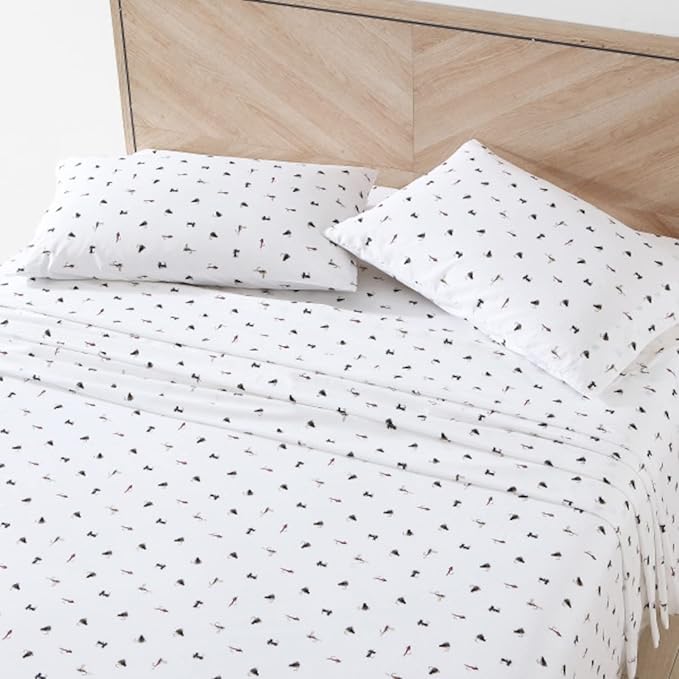 Eddie Bauer - Twin XL Sheet Set, Cotton Percale Bed Sheets, Crisp & Cool, Ideal Dorm Essentials (Fishing Flies White, Twin XL)