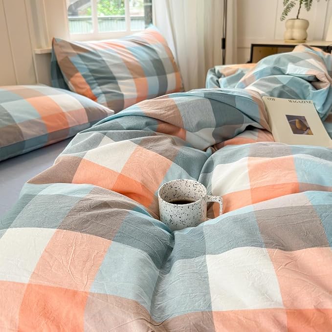 FACE TWO FACE Bedding Duvet Cover Set100% Washed Cotton Duvet Cover Linen Like Textured Breathable Durable Soft Comfy (Queen, Yunxi Powder)