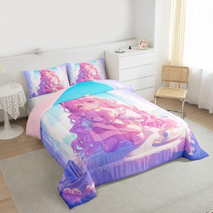 Erosebridal 3D Anime Girl Comforter Set Queen, Japanese Girl Romance Love Bedding Cartoon Anime Gifts Bedding Comforter Sets, Rabbit Lovers Gifts - 1 Comforter 2 Pillow Cases