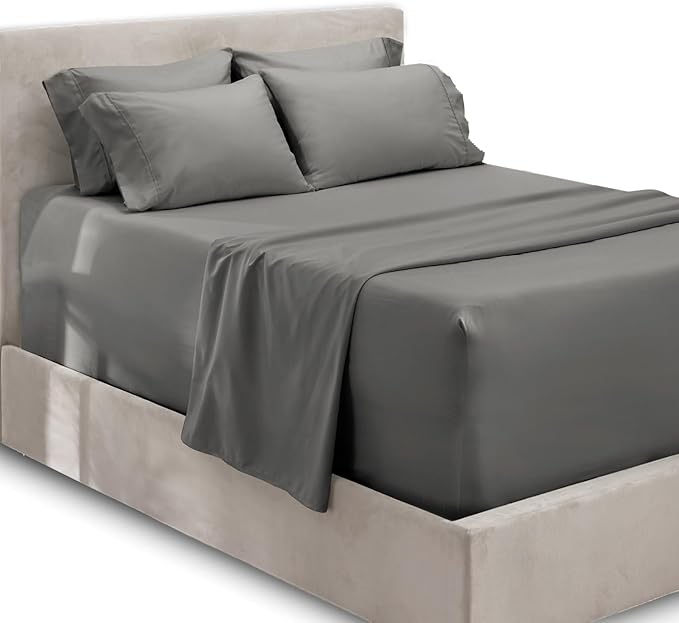 Hearth & Harbor Extra Deep Pocket Queen Sheets Sets - Fits Mattress 18-24 Inches Deep - Extra Deep Pocket Sheets - 6 Piece Queen Size - Grey