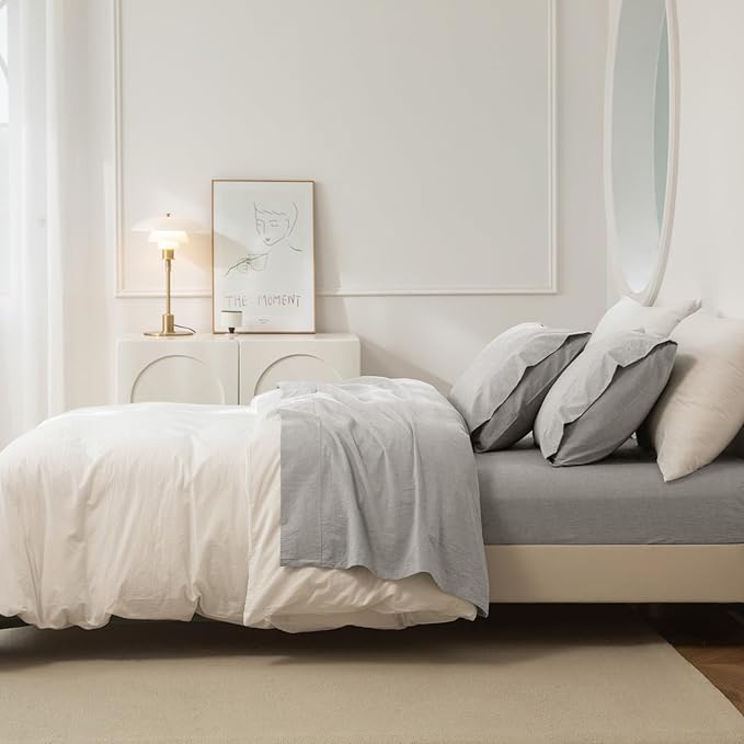 JIYUAN Queen Size Sheet Set, 4-Piece - 100% Washed Cotton, Linen-Like Soft & Breathable, Includes Deep Pocket Fitted & Flat Sheet with 2 Pillowcases, Hotel Quality, Heathered Pastel Grey