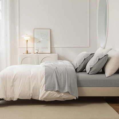 JIYUAN Queen Size Sheet Set, 4-Piece - 100% Washed Cotton, Linen-Like Soft & Breathable, Includes Deep Pocket Fitted & Flat Sheet with 2 Pillowcases, Hotel Quality, Heathered Pastel Grey