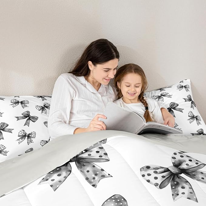 Erosebridal Bow Kids Comforter Set | Ribbon Black Bow Bedding Twin Size Coquette Bowknot with Dots Down Comforter Dreamy Princess Bowtie Duvet Set for Bedroom