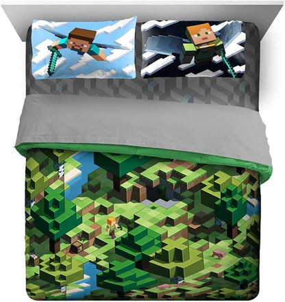 Jay Franco Minecraft Daytime 7 Piece Queen Bed Set - Includes Comforter & Sheet Set - Bedding Features Alex and Steve - Super Soft Fade Resistant Microfiber - (Official Minecraft Product)