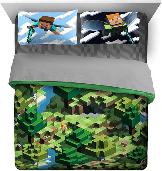Jay Franco Minecraft Daytime 7 Piece Queen Bed Set - Includes Comforter & Sheet Set - Bedding Features Alex and Steve - Super Soft Fade Resistant Microfiber - (Official Minecraft Product)