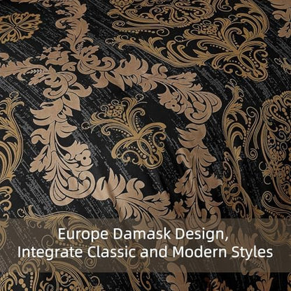 WONGS BEDDING Black Comforter Set Full Size, Gold Damask Texture 7 Pieces Bed in a Bag Microfiber Comforter Bedding Sets -1 Comforter, 1 Flat Sheet, 1 Fitted Sheet, 2 Pillow Shams, 2 Pillowcases