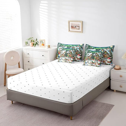 Cartoon Christmas Cabin Comforter Set 7 Pieces,Winter Santa Gnome Bed Set,Rustic Botanical Flowers Bedding Bed in a Bag Soft,Full (1 Comforter,2 Pillowcase,2 Pillow Covers,1 Flat Sheet,1 Fitted Sheet)