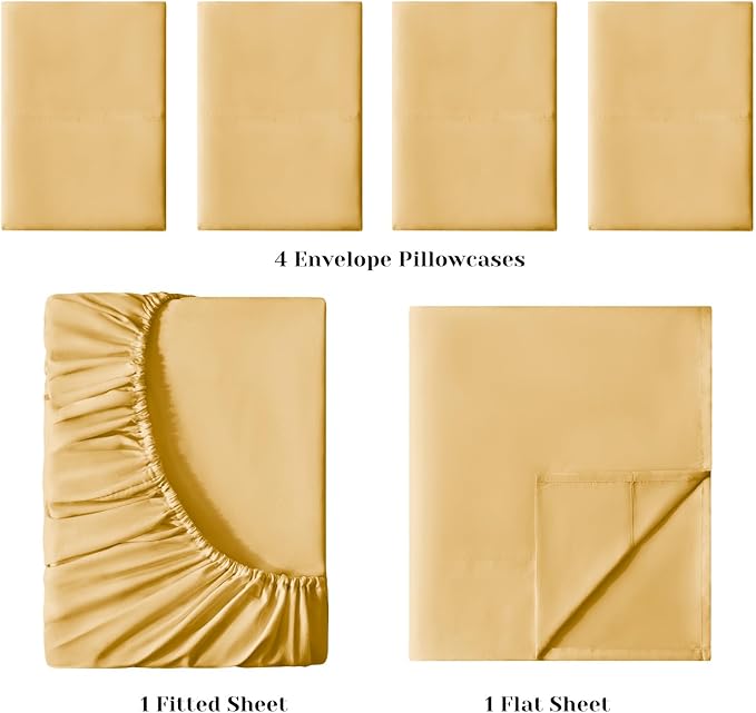 BYSURE 6 Pieces Bed Sheets Set(Full, Gold) - Hotel Luxury Super Soft 1800 Thread Count 100% Microfiber Sheets with Deep Pockets, Wrinkle & Fade Resistant