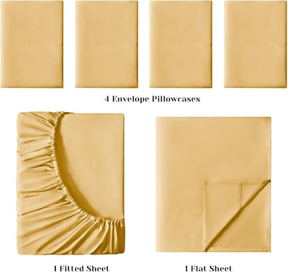 BYSURE 6 Pieces Bed Sheets Set(Full, Gold) - Hotel Luxury Super Soft 1800 Thread Count 100% Microfiber Sheets with Deep Pockets, Wrinkle & Fade Resistant