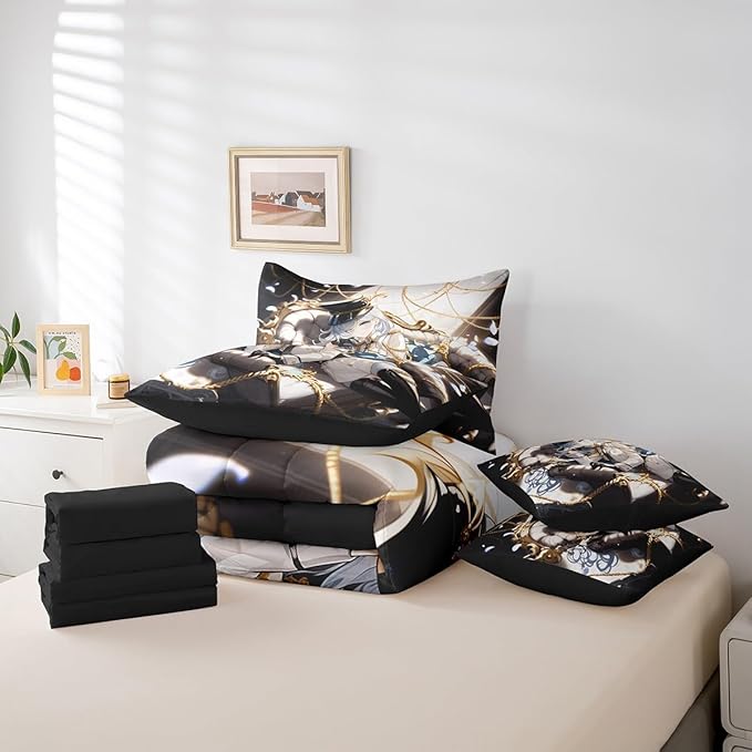 Erosebridal Anime Girl Queen 7 Piece Bedding Set for Kids, Kawaii Japanese Anime Bed in A Bag Cartoon Girl Comforter Set with Sheets for Girls Boys Teens Men Room, Japanese Animation Bed Sets