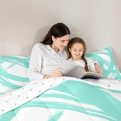 Turquoise and White Abstarct Comforter Set Twin Size for Kids Boys Girs,Graffiti Stripes Lines Bedding Set,Aesthetic Geometric Duvet Insert for Minimalists,Contemporary Boho Modern Art Quilt