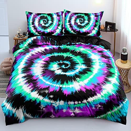 Queen Purple Teal Spiral Tie Dye Duvet Cover Set with 2 Shams