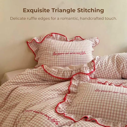 CRUSHIMO Morning Mist Gingham Washed Cotton Duvet Cover Set - Shabby Chic Gingham Plaid Bedding with Ruffle Trim & Triangle Stitching - Ultra Soft Breathable Comforter Cover (Blush Milk, Twin)