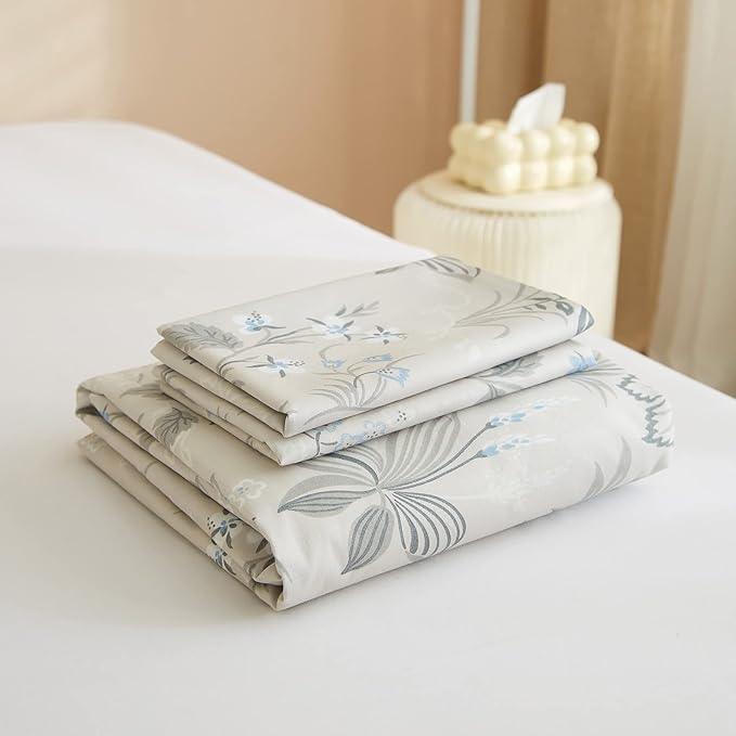 VM VOUGEMARKET Gray Blue Floral Duvet Cover Set King,Vintage Garden Style Botanical Bedding Set,100% Cotton Comforter Cover for Girls And Boys Women