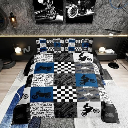 Dirt Bike Comforter Set Queen Size Black Grey Blue Motocross Rider Bedding Set Kids Boys Teens Men Bedroom Racing Themed Patchwork Grid Quilt Set Fashion Motorcycle Silhouette Duvet Insert 3pcs