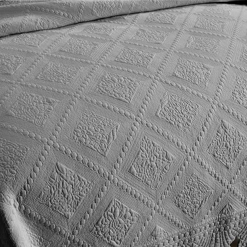 MarCielo 3-Piece 100% Cotton Oversized Bedspread Lightweight Quilt Coverlet Embroidery Farmhouse Bedding Set (Tk Light Grey, Oversized King (118"x106"))