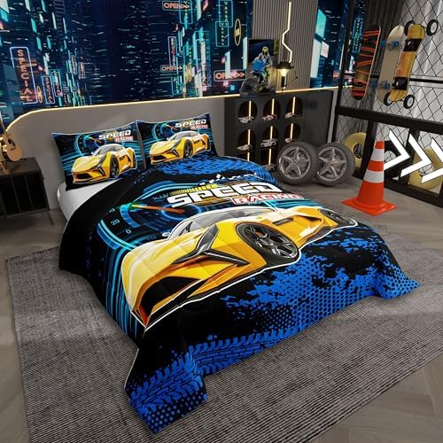 Sports Car Comforter Yellow Race Car Comforter Set for Kids Boys Girls Extreme Sports Theme Bedding Set Cool Speed Luxury Car Decor Quilt Set with 2 Pillowcases 3Pcs Bedding King Size,Blue Black