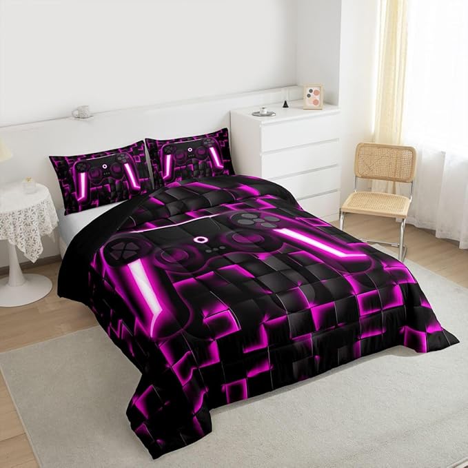Erosebridal Video Game Comforter Set Queen Gaming Down Comforter Gaming Bedding Sets for Kids Boys Girls Teen,2 Pcs Black Purple Checkered Gamepad Bed Set Neon Lights Geometric Lightweight Quilt