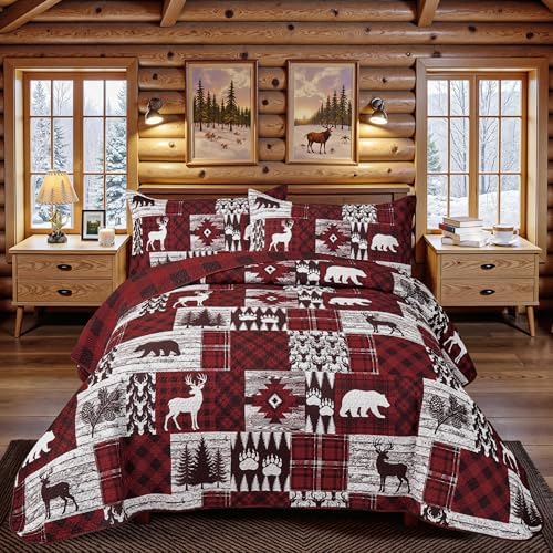 Tritard 3 Piece Christmas Plaid Quilt Sets King Size Bedding Set, Red Bear