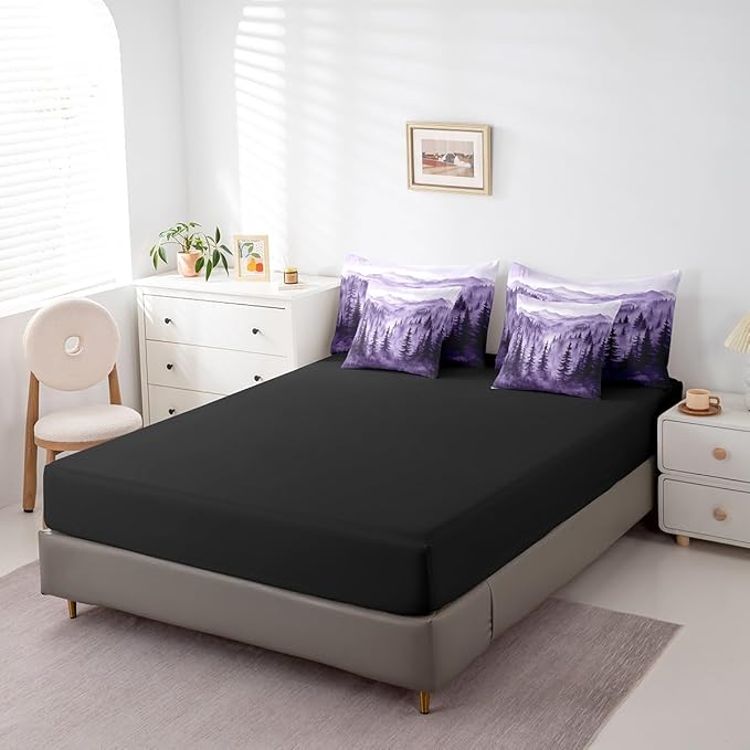 Erosebridal Purple Forest 7 Piece Comforter Set Queen,Rustic Woodland Pine Tree Bedding Set with Sheets,Jungle Smoky Mountain Bed in A Bag for Adults Women Men Retro Natural Landscape Bed Set